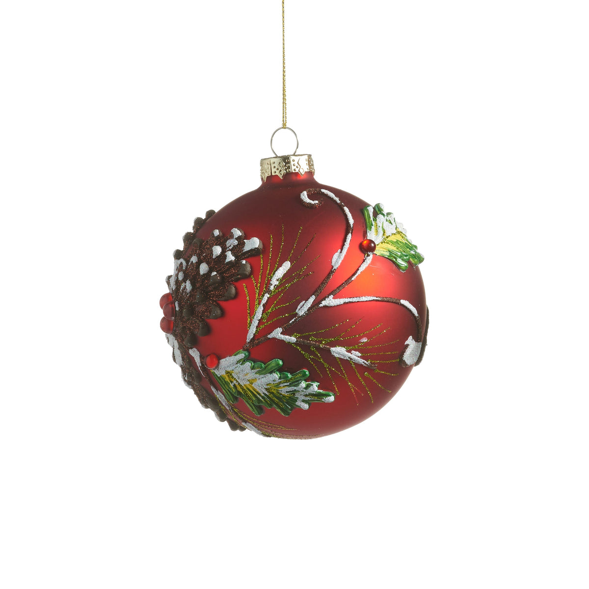 4" Snowy Pinecone Ball Ornament, Red