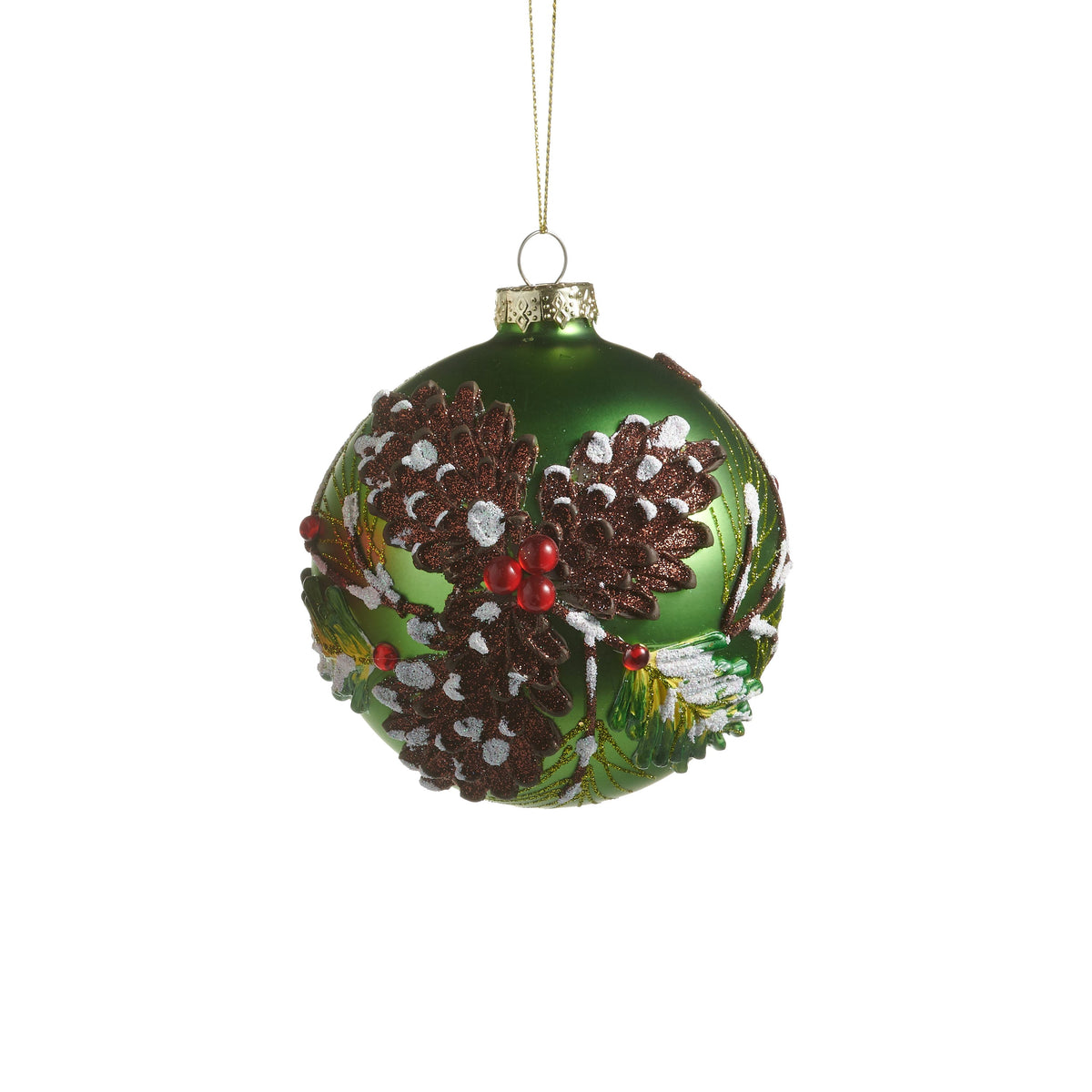 4" Snowy Pinecone Ball Ornament, Green