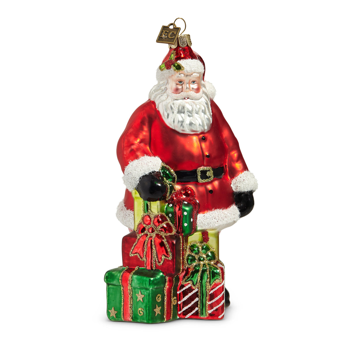 Special Delivery Santa Ornament, A red glass Santa ornament standing beside a tall stack of wrapped presents, with a brass EC tag.