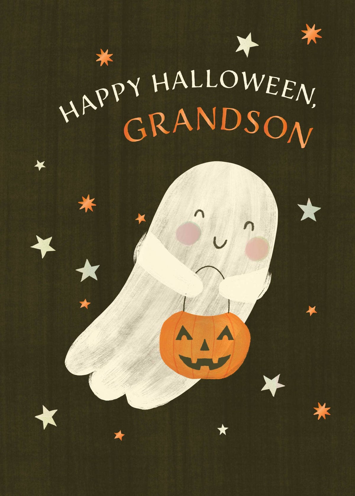 Spooky Hugs Grandson Greeting Card, Front of the card showing a smiling cream ghost hugging a jack-o'-lantern pail below the words HAPPY HALLOWEEN, GRANDSON on a dark olive-brown ground with stars.