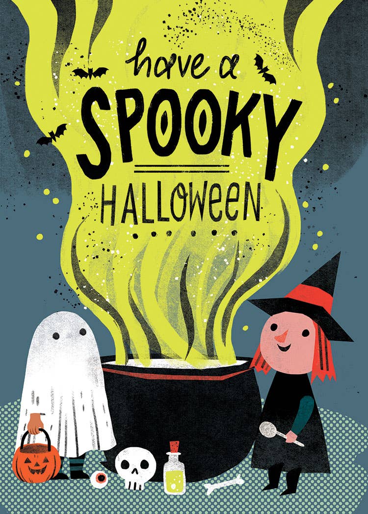 Spooky Witch-ing Greeting Card, Front of the card with the words have a SPOOKY HALLOWEEN above a steaming lime-green cauldron, a child in a ghost sheet holding a jack-o'-lantern pail and a young witch holding a big spoon.