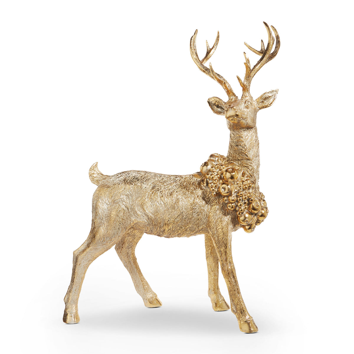 Standing Deer with Wreath, A gold resin standing deer figurine with lifted antlers and a cluster of gilded berries draped over its shoulders.