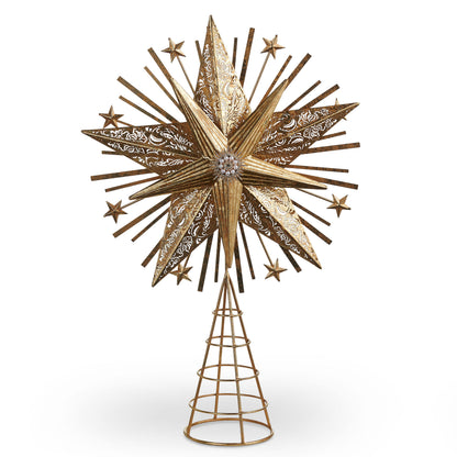 Starburst Tree Topper, An antique gold iron starburst tree topper with pierced scroll patterned points, smaller stars on wire spikes, and a pearl and rhinestone center medallion.