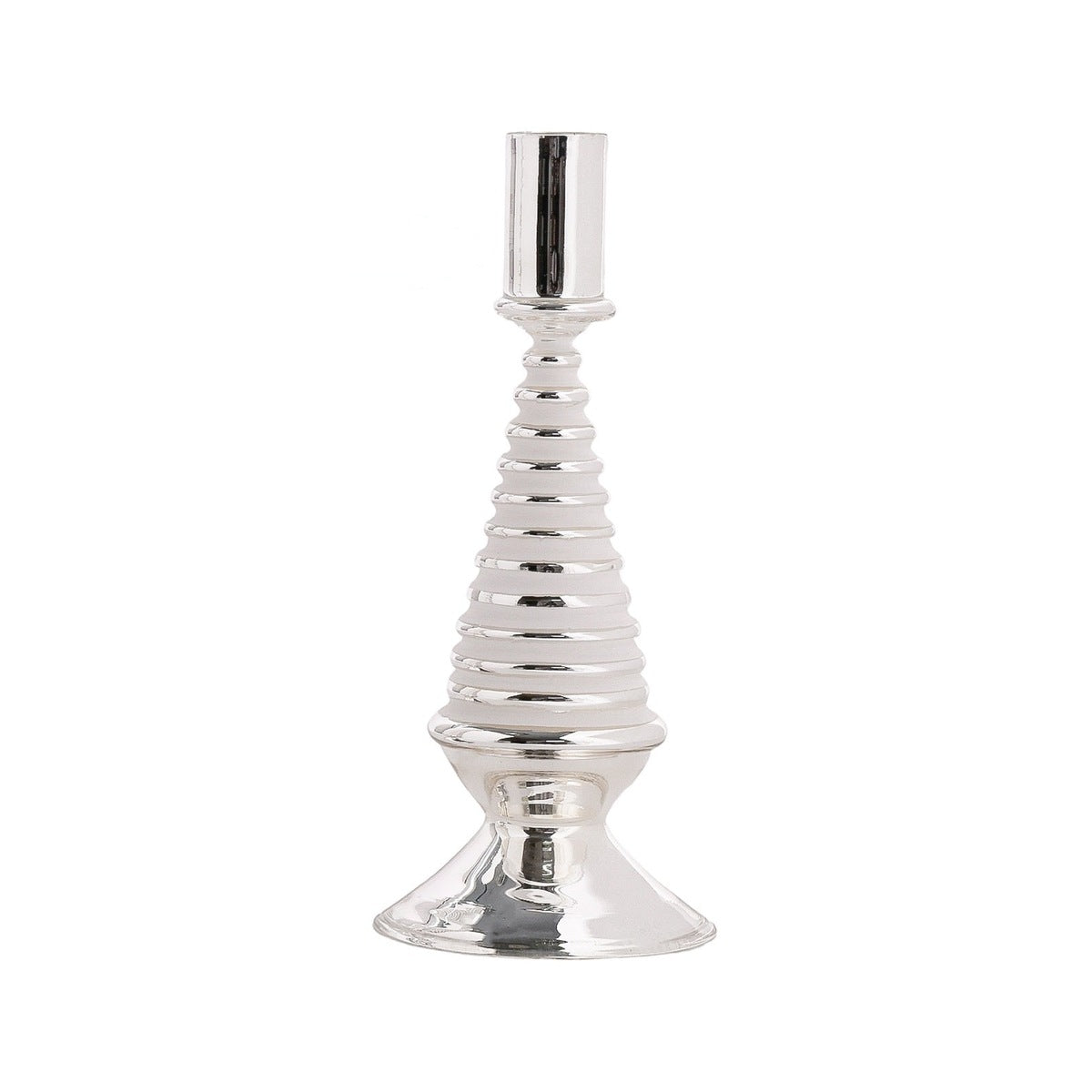 Stella Glass Tree Candleholder, White, a white ribbed glass candle holder shaped like a tree, with a mirrored silver foot and taper cup.