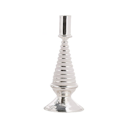 Stella Glass Tree Candleholder, White, a white ribbed glass candle holder shaped like a tree, with a mirrored silver foot and taper cup.