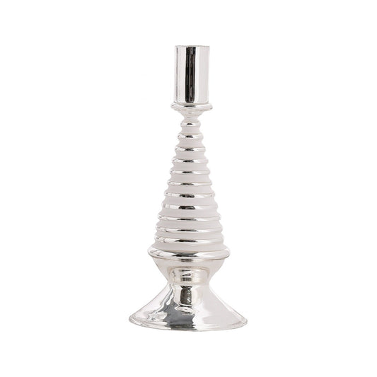 Stella Glass Tree Candleholder, White, a white ribbed glass candle holder shaped like a tree, with a mirrored silver foot and taper cup.