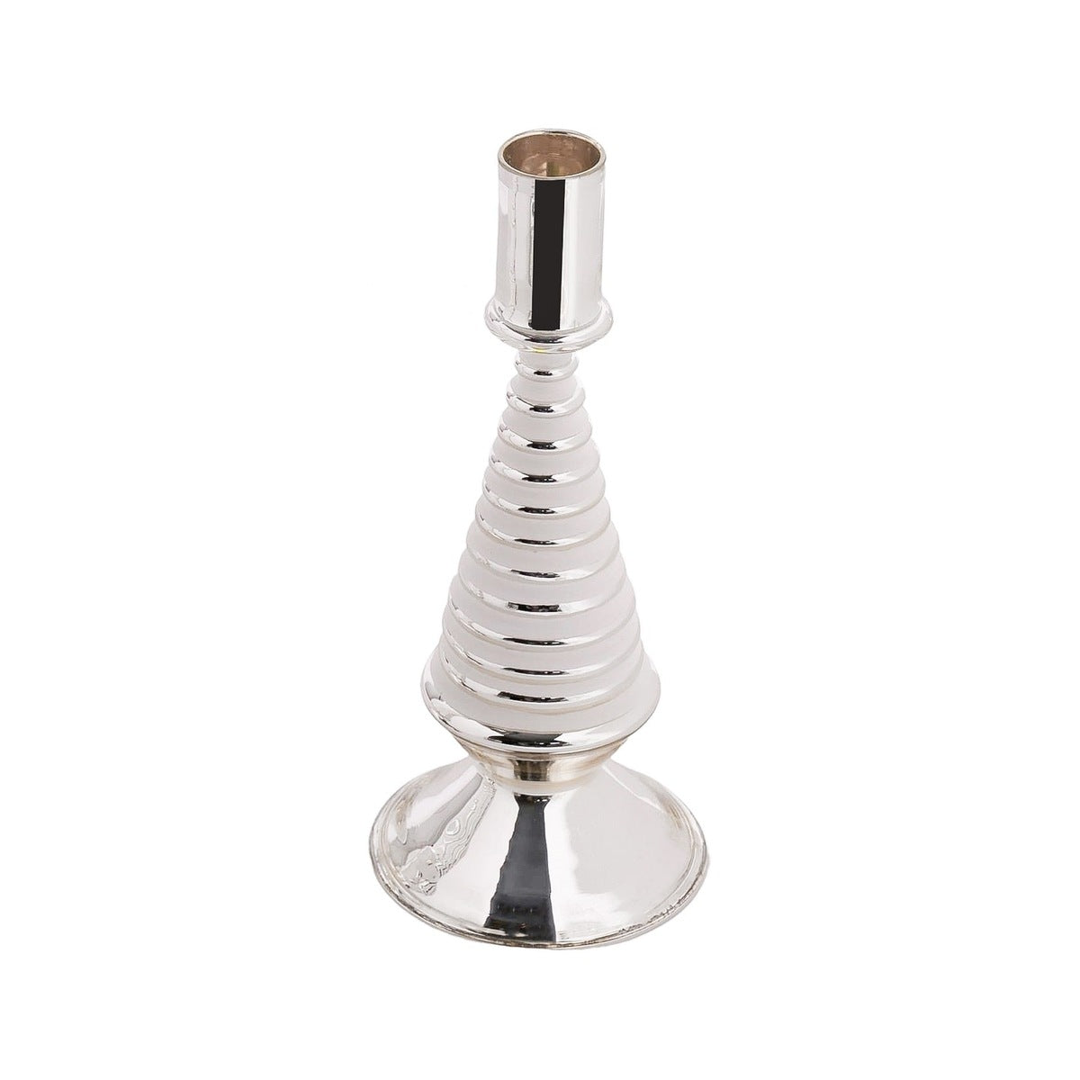 Stella Glass Tree Candleholder, White, a white ribbed glass candle holder shaped like a tree, with a mirrored silver foot and taper cup.