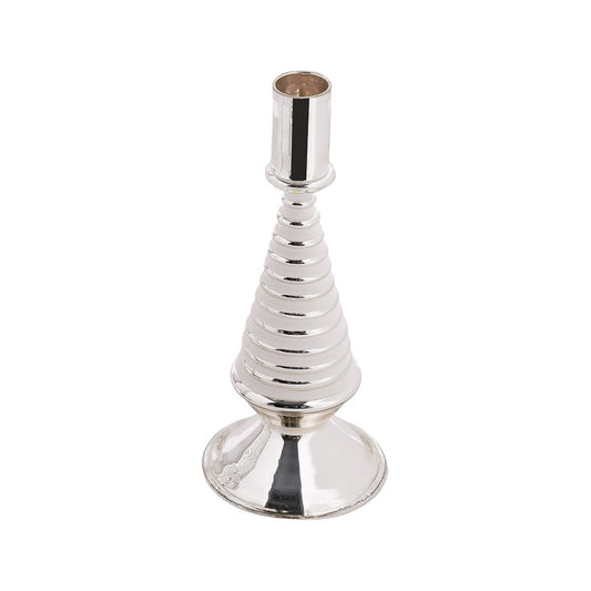 Stella Glass Tree Candleholder, White, a white ribbed glass candle holder shaped like a tree, with a mirrored silver foot and taper cup.