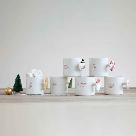Stoneware Mug with Holiday Saying and Icon Shaped Handle