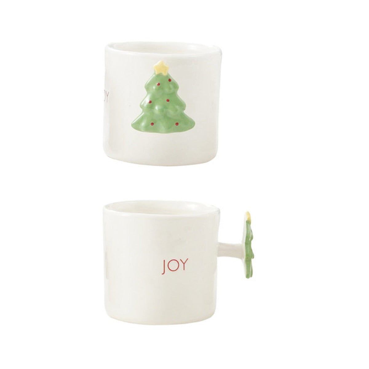 Stoneware Mug with Holiday Saying and Icon Shaped Handle, Joy Tree