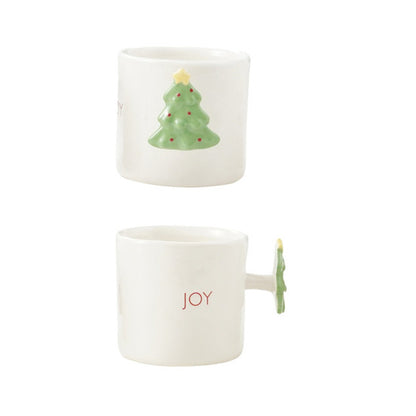 Stoneware Mug with Holiday Saying and Icon Shaped Handle, Joy Tree