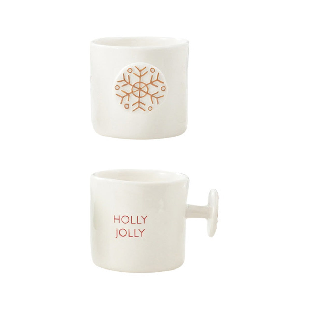 Stoneware Mug with Holiday Saying and Icon Shaped Handle, Holly Jolly Snowflake
