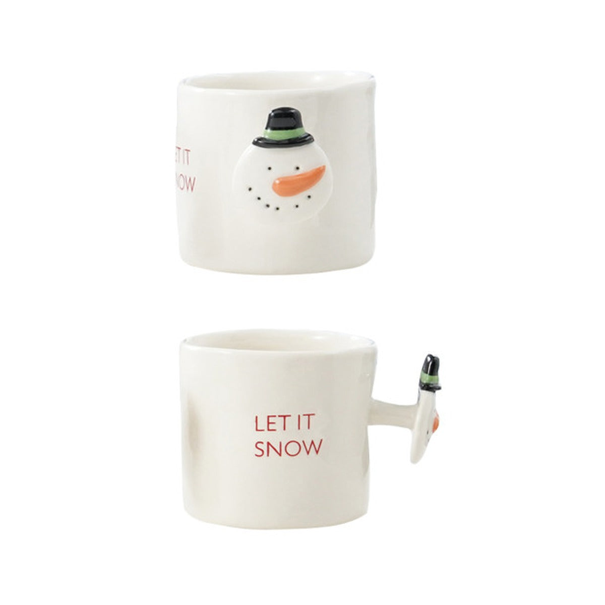 Stoneware Mug with Holiday Saying and Icon Shaped Handle, Let It Snow Snowman
