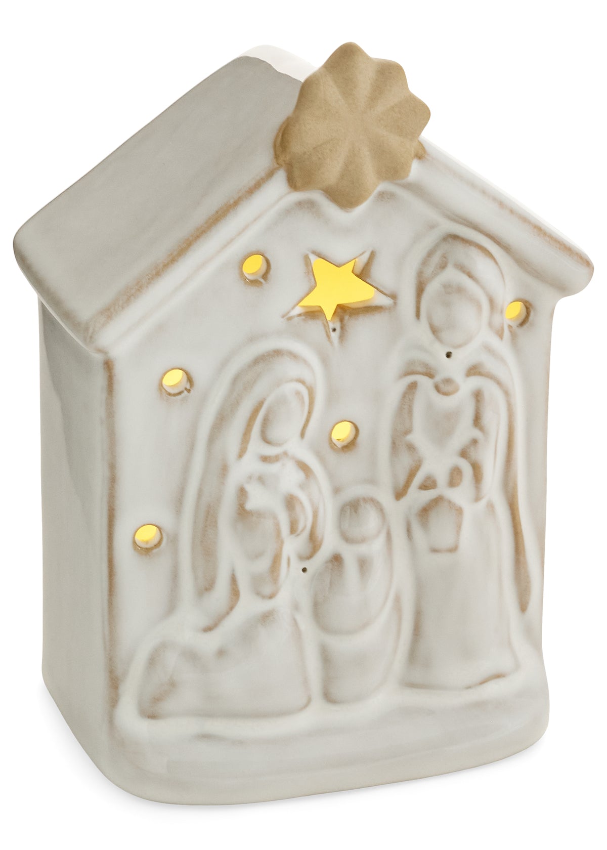 Stoneware Nativity House with LED Light, A cream stoneware house shaped piece shows the Holy Family raised in relief with a glowing star and small round cut outs lit from within.