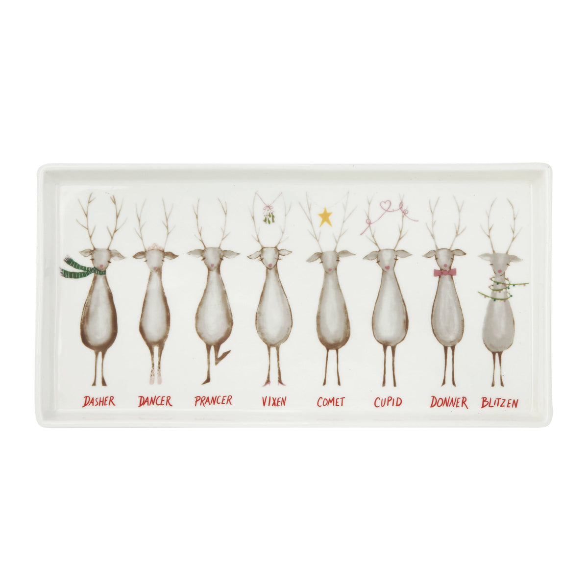 Stoneware Platter with Santa's Reindeer, A long white stoneware platter printed with eight reindeer in a row, each name lettered in red underneath, including Dasher, Dancer and Blitzen.