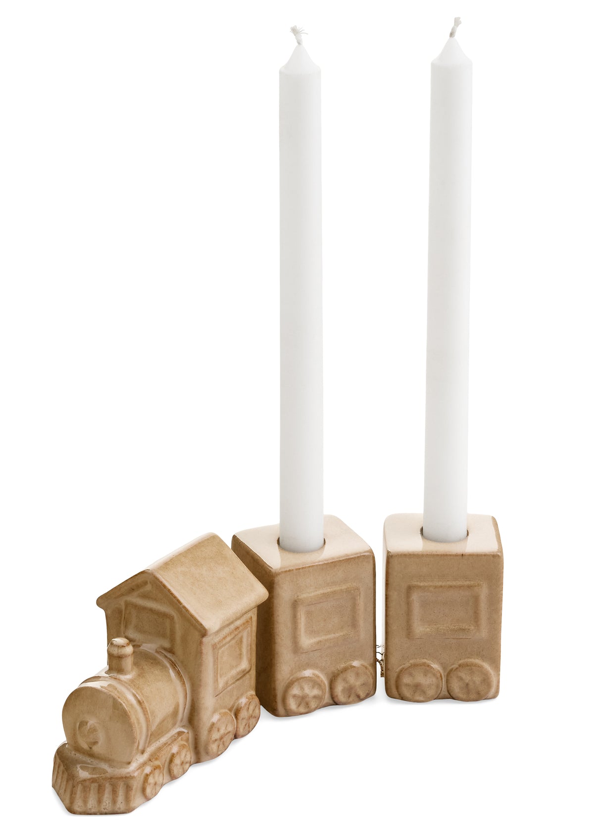 Stoneware Train Candle Holder, A sand colored stoneware train, an engine and two cars, with a white taper candle standing in each car.