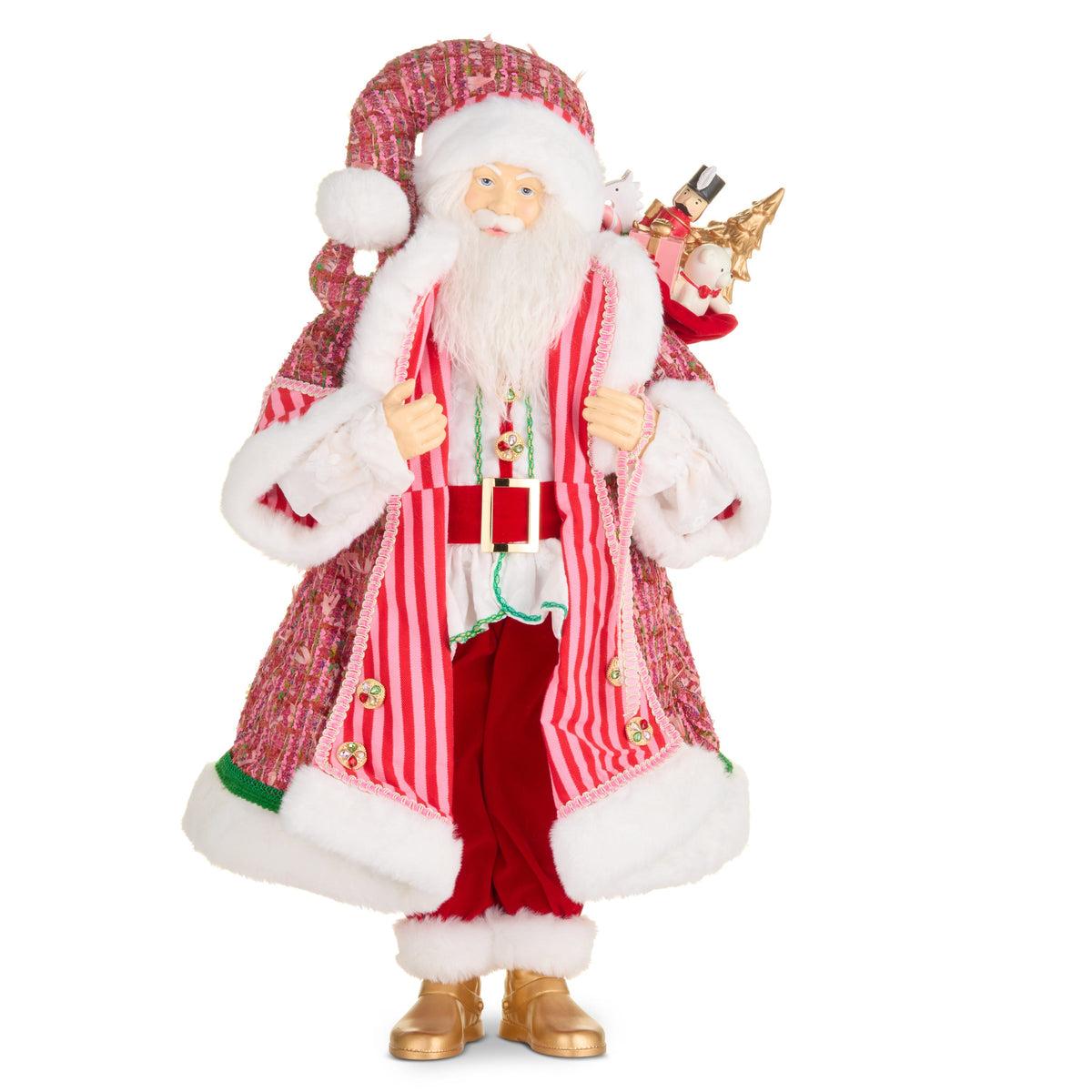 Sugar and Spice Santa, A large Santa figure in a pink and red striped coat with white fur trim, gold boots, and a jeweled belt, carrying a sack of toys over one shoulder.