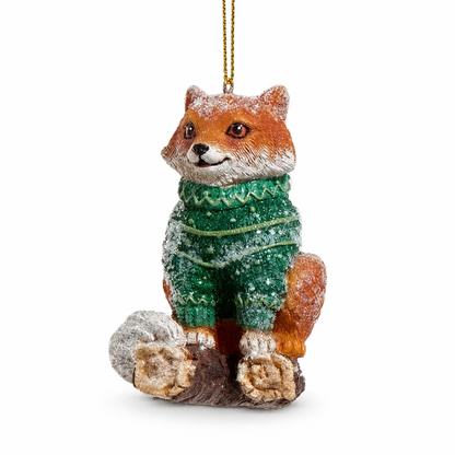 Sweater Woodland Animal Christmas Ornament, Fox design: seated on a snowy log in a green cable knit