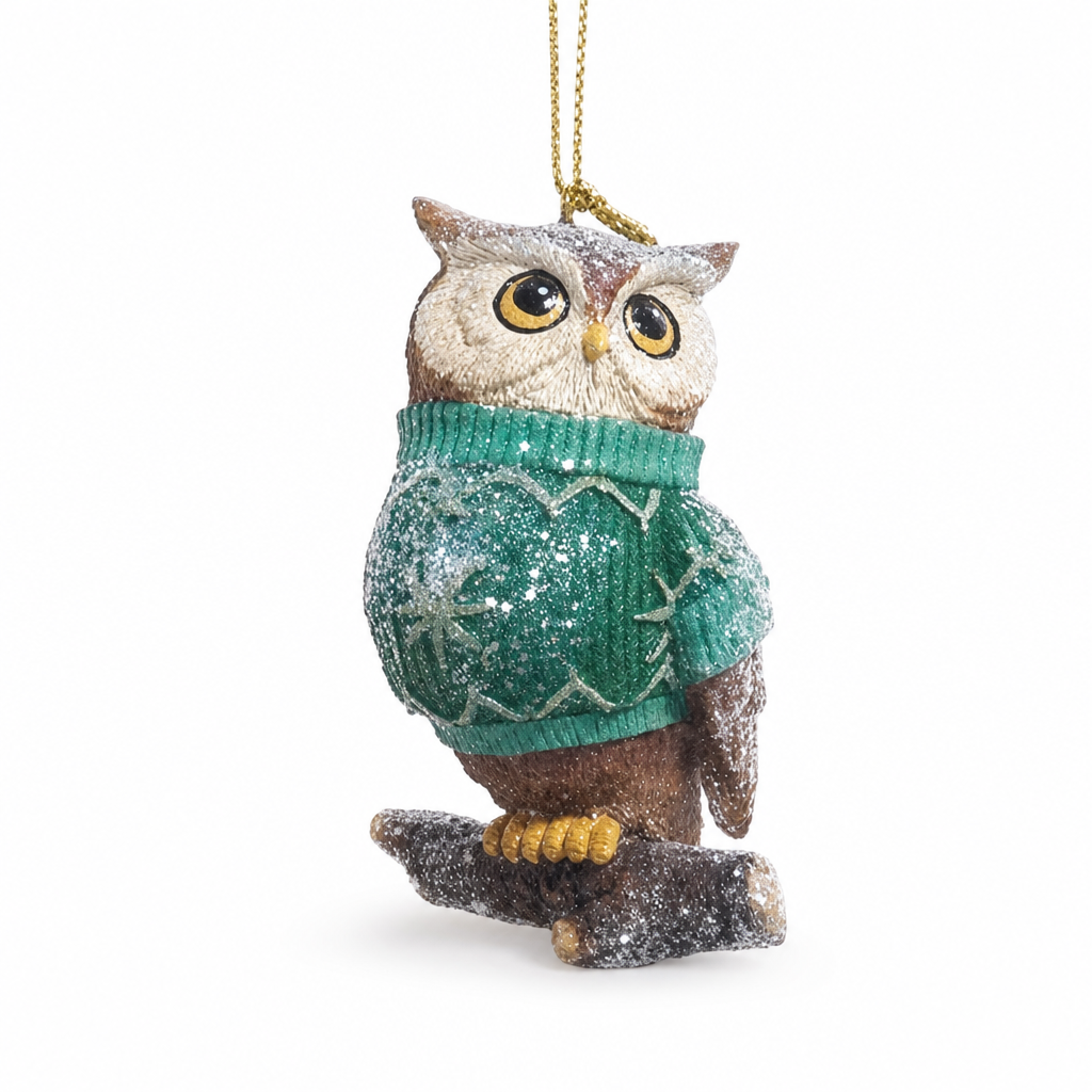 Sweater Woodland Animal Christmas Ornament, Owl design: perched on a snowy branch, a snowflake on his sweater