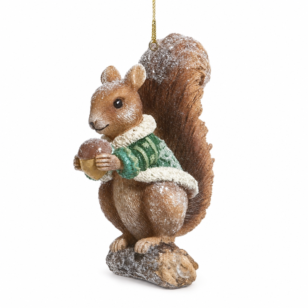 Sweater Woodland Animal Christmas Ornament, Squirrel design: standing on a snowy log, holding an acorn