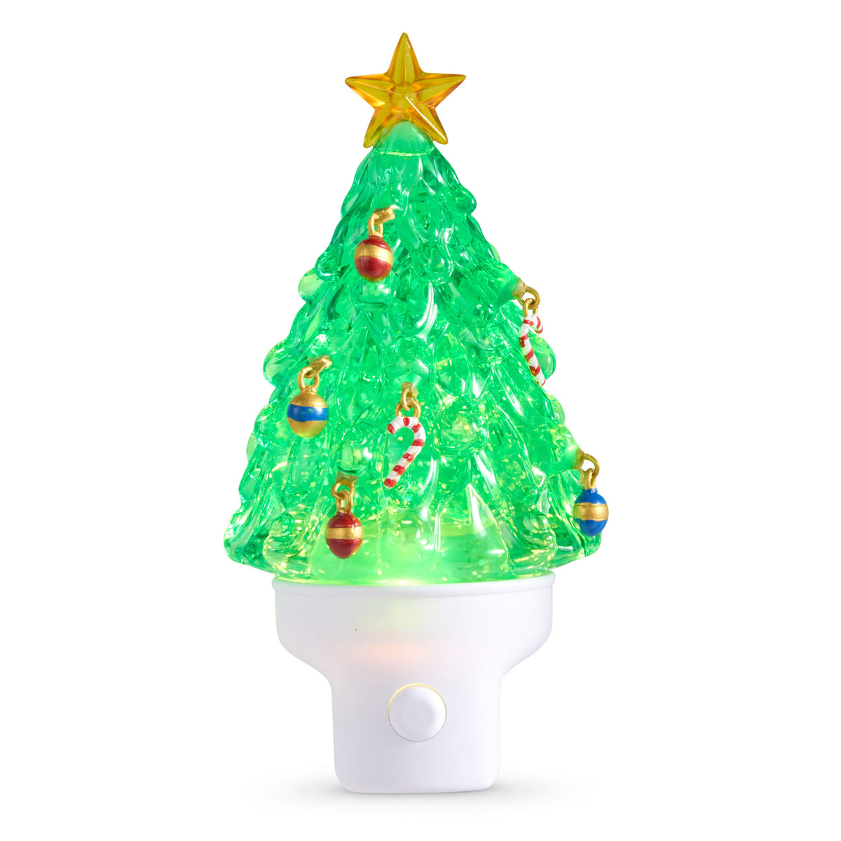 Swirling Glitter Christmas Tree Night Light, A green translucent Christmas tree night light with a gold star, red and blue ball ornaments and candy canes on a white base.