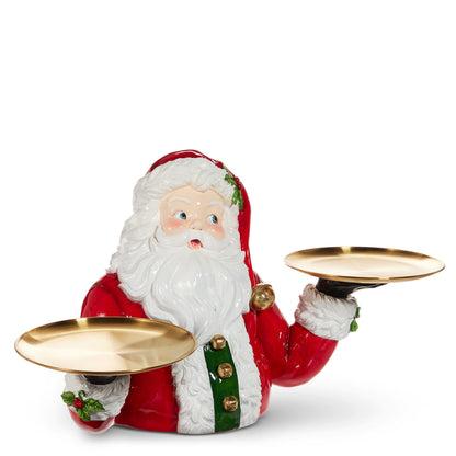 Table Top Santa Butler, A resin Santa figure holds two round gold trays in his outstretched hands.