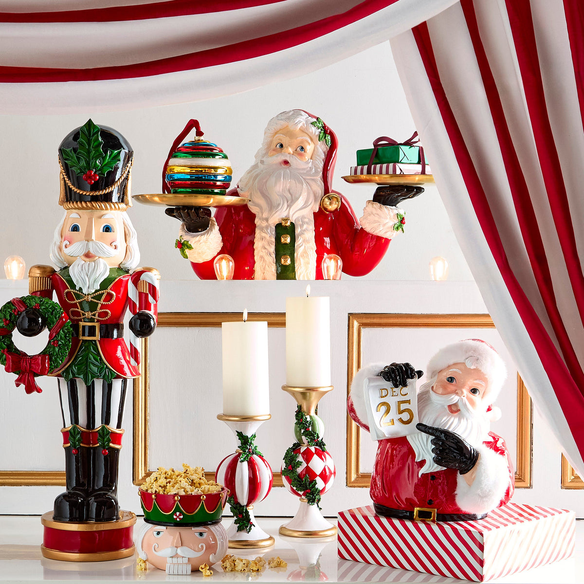Table Top Santa Butler, A resin Santa figure holds two round gold trays in his outstretched hands.