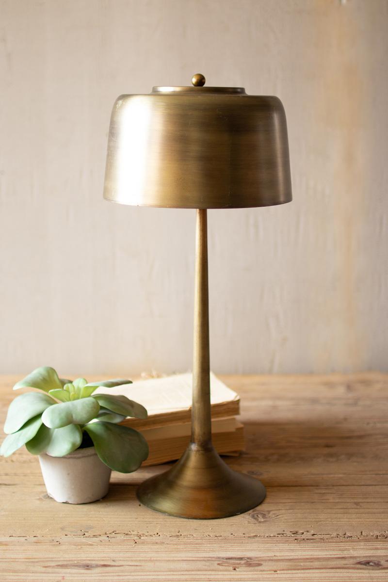 Tall Antique Brass Table Lamp with Brass Shade, A tall antique brass table lamp with a brass metal shade.