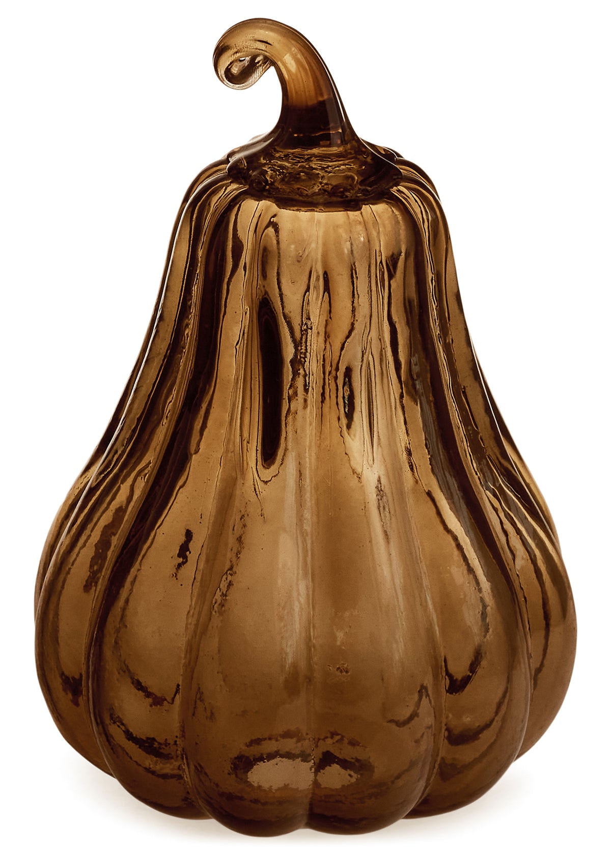 Tall Recycled Glass Pumpkin, A tall, ribbed amber-brown recycled glass pumpkin with a long curled glass stem.