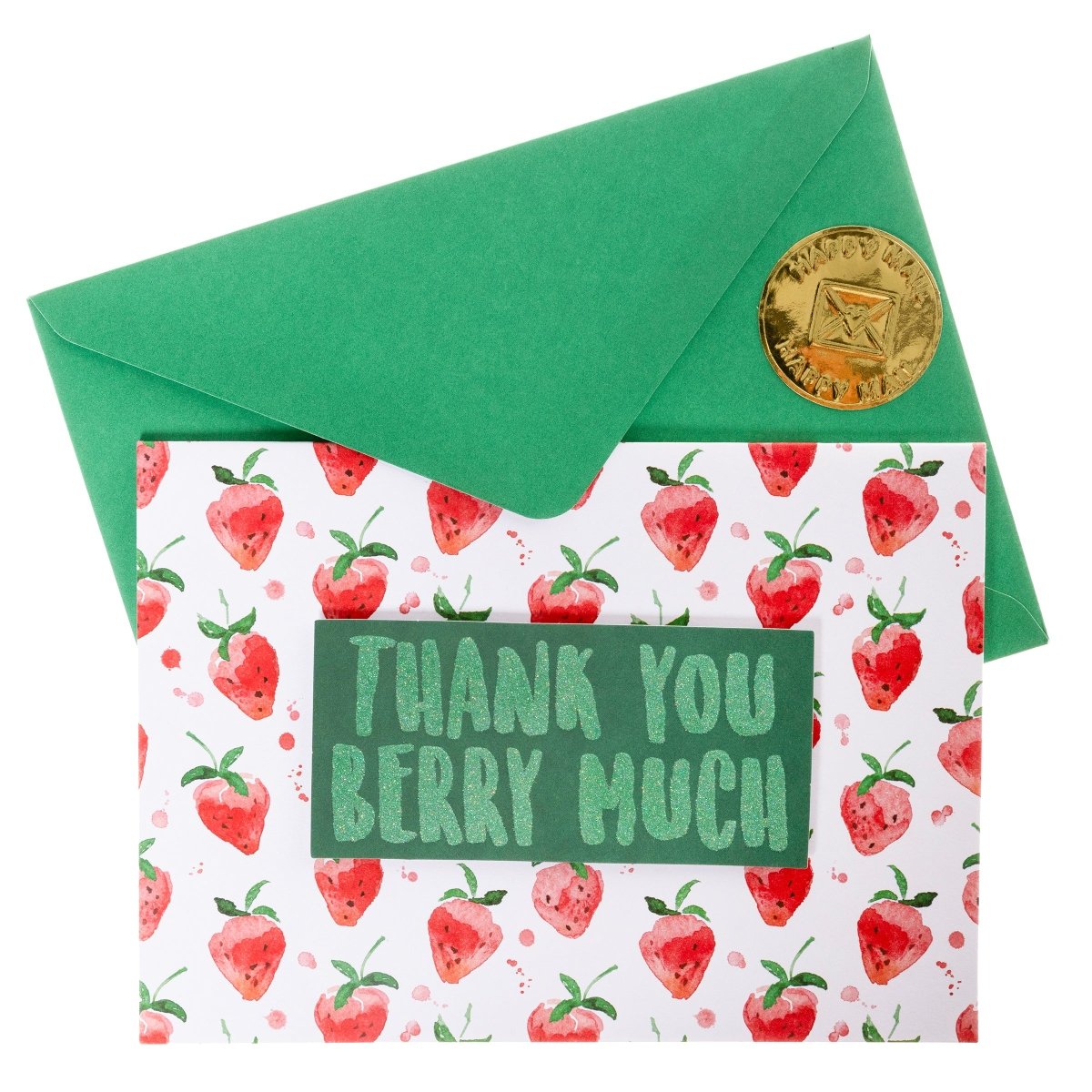 Thank You Berry Much Thank You Handmade Card, A white card patterned with watercolor strawberries and a green glitter tip-on banner reading Thank You Berry Much, shown with its envelope.