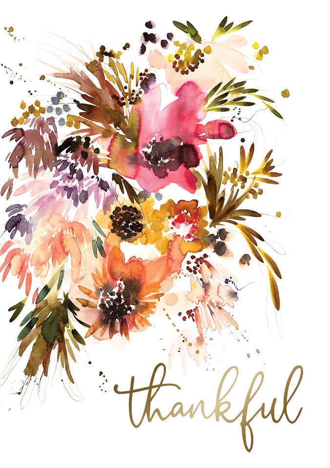 Thankful Flower Bouquet Greeting Card, Front of a white card with a watercolor bouquet of pink, orange, mustard and rust autumn flowers and the word thankful in gold script at the lower right.