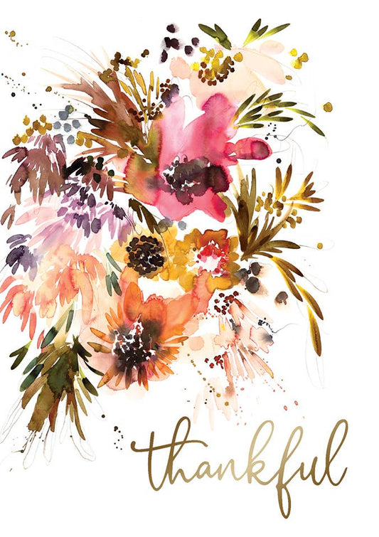 Thankful Flower Bouquet Greeting Card, Front of a white card with a watercolor bouquet of pink, orange, mustard and rust autumn flowers and the word thankful in gold script at the lower right.