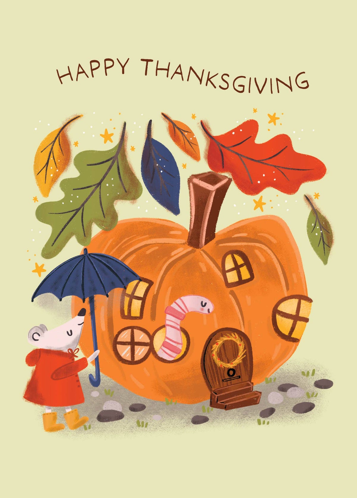 Thankful Little Home Greeting Card, A pale green card front reading Happy Thanksgiving above a white mouse in a red coat holding a navy umbrella beside a large orange pumpkin house, with colorful leaves falling around it.