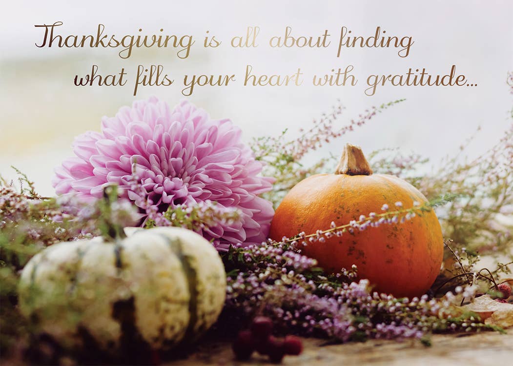 Thanks and Gratitude Greeting Card, Photograph of a pink flower, a small orange pumpkin and a striped gourd among tiny lilac blossoms, with a gold script message about gratitude across the top of the card.