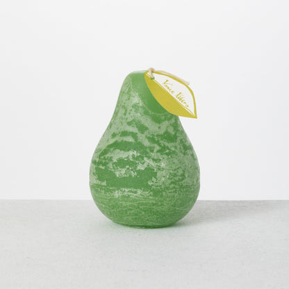 Timber Pear Candle 3 x 4 Inch, A green pear shaped candle with a textured surface stands tied with a small leaf shaped hang tag.