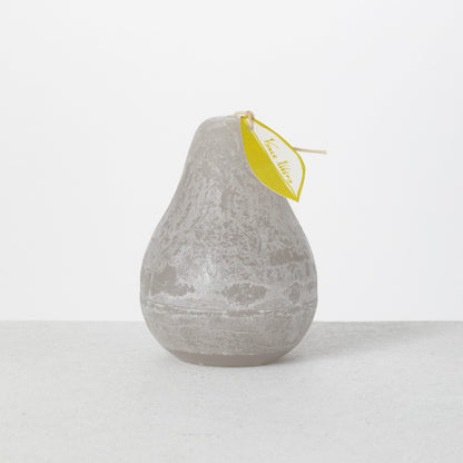 Timber Pear Candle 3 x 4 Inch, A green pear shaped candle with a textured surface stands tied with a small leaf shaped hang tag.