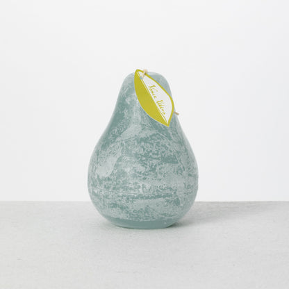 Timber Pear Candle 3 x 4 Inch, A green pear shaped candle with a textured surface stands tied with a small leaf shaped hang tag.