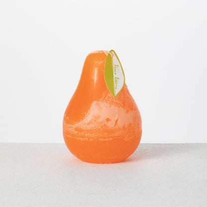 Timber Pear Candle 3 x 4 Inch, A green pear shaped candle with a textured surface stands tied with a small leaf shaped hang tag.