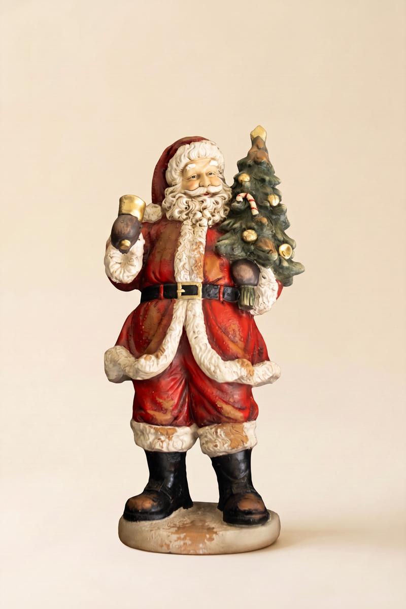 Traditional Faux Concrete Santa with Bell, A tall faux concrete Santa figure in a red suit holding a small Christmas tree.