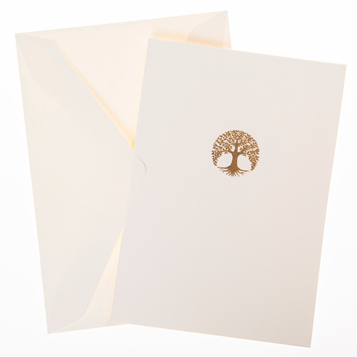 La Petite Presse Tree Boxed Notes, A cream notecard with a gold foil tree of life icon, tied with a bronze ribbon inside a teal box.