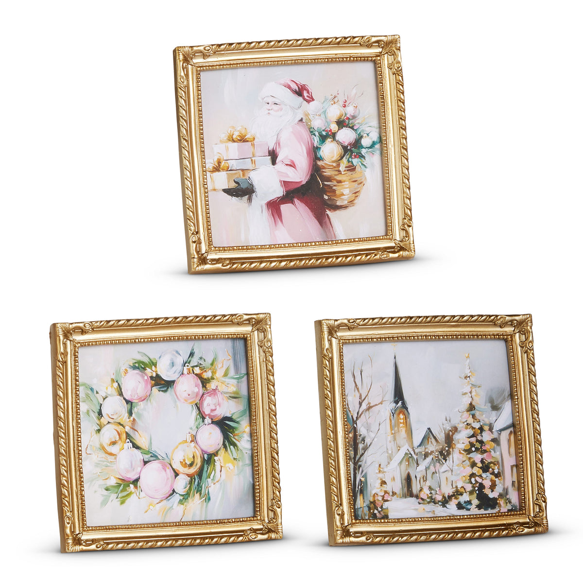 Twilight Tidings Mini Framed Christmas Wall Art, Three small square Christmas prints in ornate gold frames showing Santa carrying gifts, a wreath of pink and gold ornaments, and a snowy church scene.