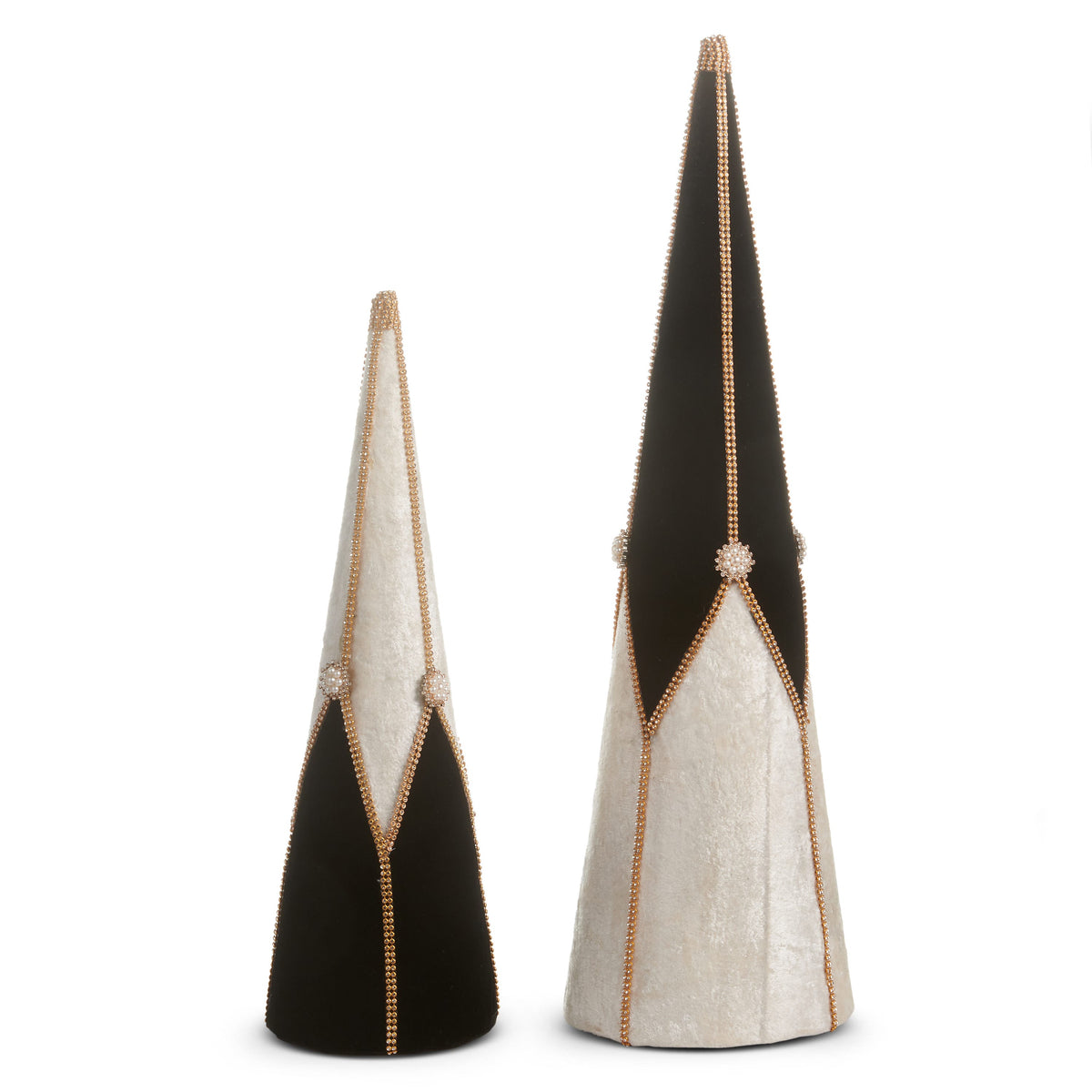 Velvet and Jewel Cone Trees in both sizes, Small 18" and Large 24", cream and black velvet with gold beaded seams