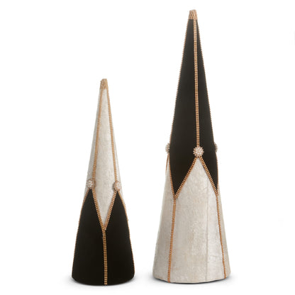 Velvet and Jewel Cone Trees in both sizes, Small 18" and Large 24", cream and black velvet with gold beaded seams