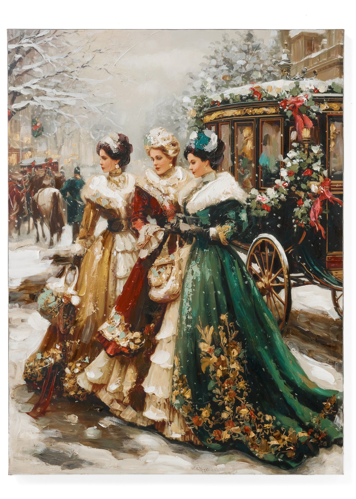 Victorian Ladies Oil Painting on Canvas, Three women in Victorian gowns walk through snow beside a garland decorated carriage in this oil painting.