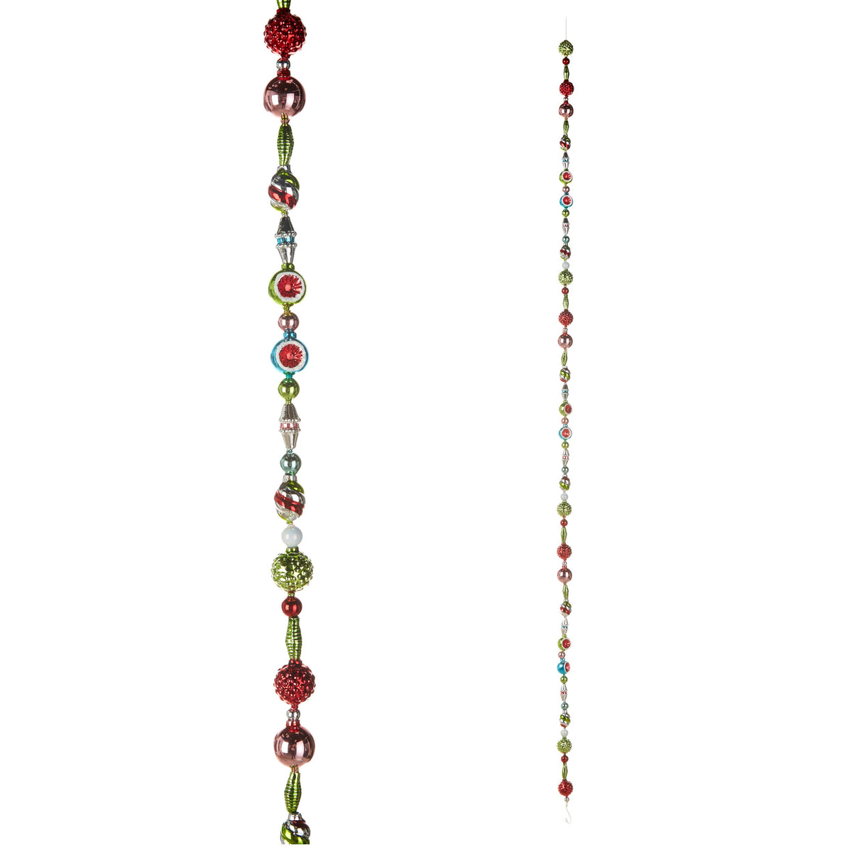 Vintage Style Glass Bead Garland, A multicolor glass bead garland in red, green, rose, silver and turquoise, shown in a close view beside its full length.