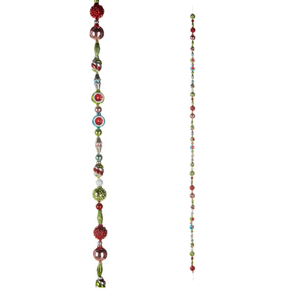 Vintage Style Glass Bead Garland, A multicolor glass bead garland in red, green, rose, silver and turquoise, shown in a close view beside its full length.