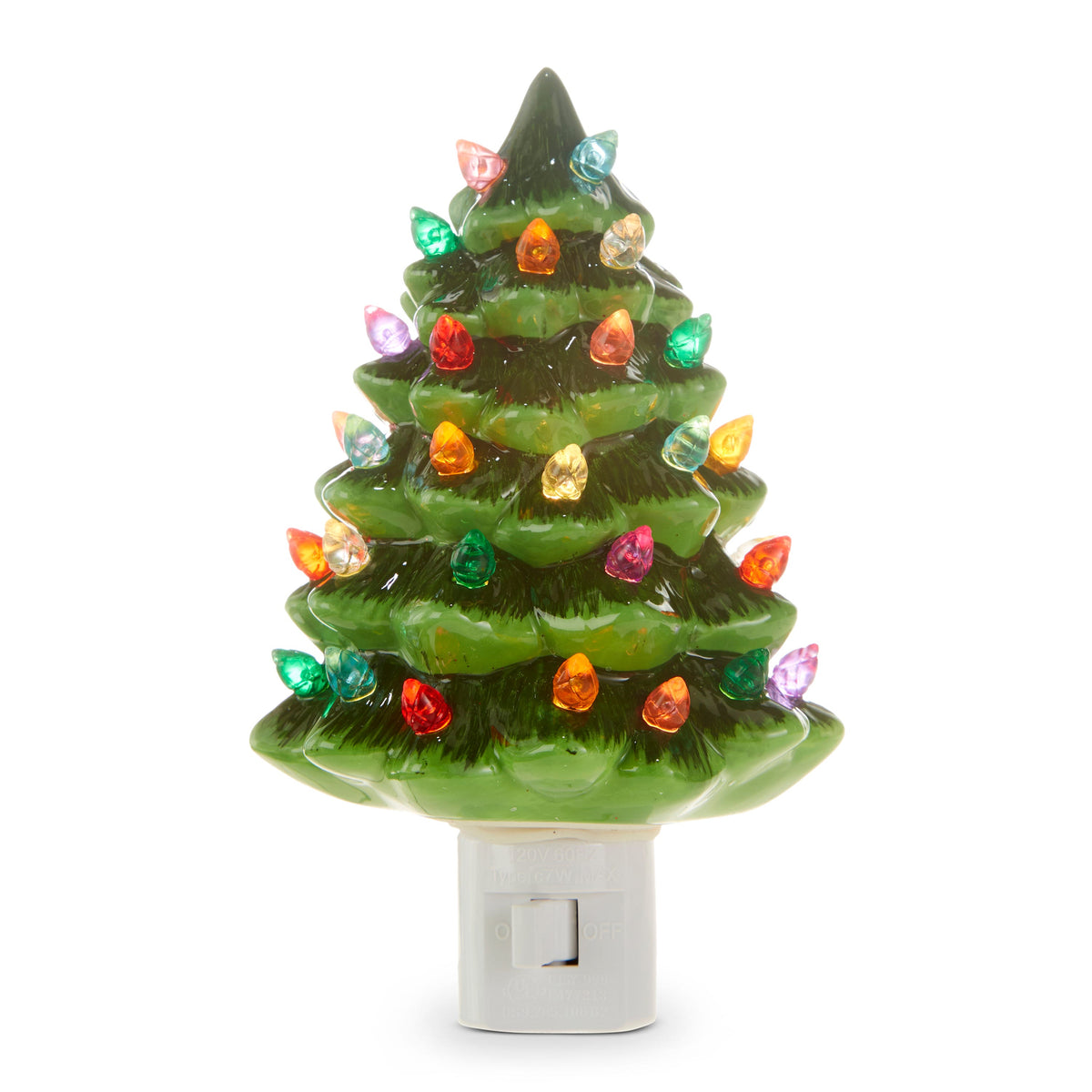 Vintage Style Green Ceramic Christmas Tree Night Light, A glossy green ceramic Christmas tree night light dotted with small multicolor bulbs on a white plug-in base.