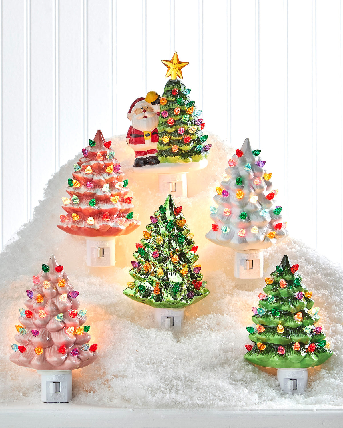 Vintage Style Green Ceramic Christmas Tree Night Light, A glossy green ceramic Christmas tree night light dotted with small multicolor bulbs on a white plug-in base.