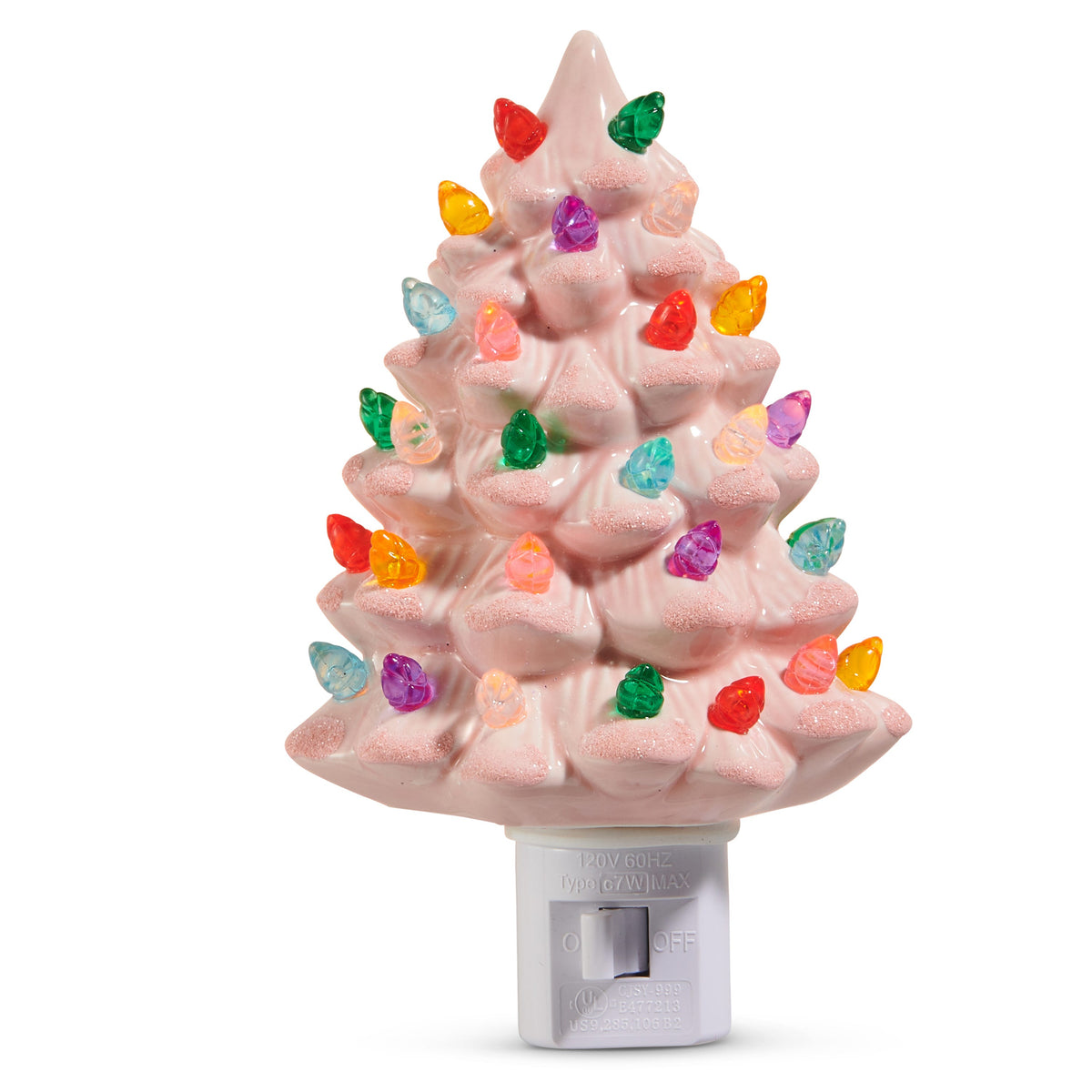 Vintage Style Pink Porcelain Christmas Tree Night Light, A light pink porcelain Christmas tree night light with sparkle-dusted branch tips and small multicolor bulbs on a white plug-in base.