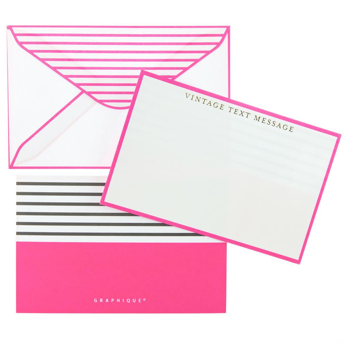 Vintage Text Flat Notes, A hot pink bordered flat note card printed Vintage Text Message in gold foil, standing in a black and white striped box.